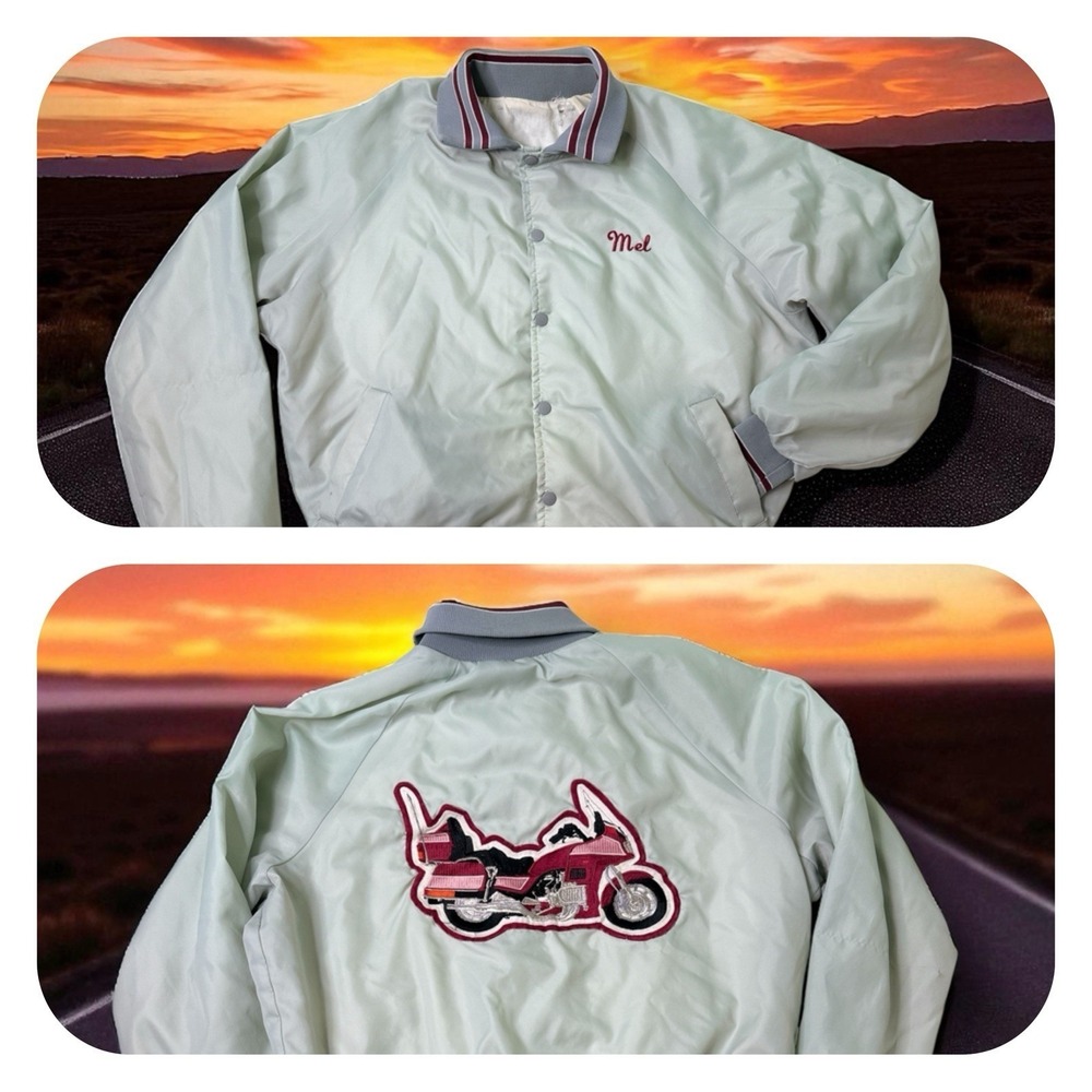 Mens Varsity Bomber Jacket Embroidered Motorcycle‎ Patch XL Vintage Read